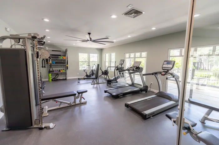 Modern fitness center with state-of-the-art equipment, including treadmills, weight machines, and vibrant natural light streaming through large windows.