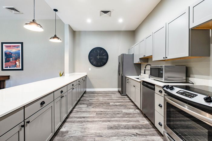 Modern kitchen with elegant gray cabinetry, stainless steel appliances, and stylish pendant lighting.