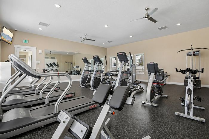Modern gym with state-of-the-art fitness equipment including treadmills, exercise bikes, and a sleek design with ample natural light.