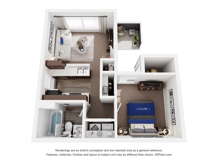 Chic 3D floor plan showcasing a modern one-bedroom apartment with an open-concept living area, stylish kitchen, cozy bedroom, and a private balcony.