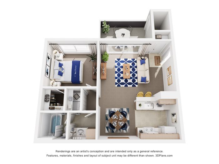 Modern 3D floor plan featuring a cozy 1-bedroom layout with a stylish living area, contemporary kitchen, and chic dining space, highlighted by elegant decor and natural lighting.