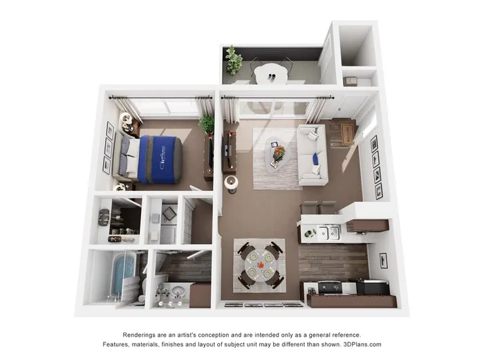 Modern 3D floor plan showcasing 1 bedroom, a chic living room, and a cozy kitchen with dining area, perfect for stylish urban living.