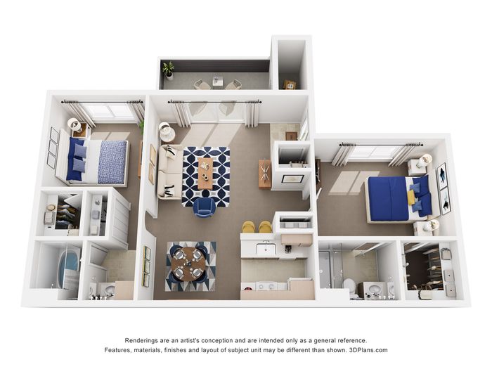 Chic 3D floor plan showcasing 2 spacious bedrooms, a stylish living area, modern kitchen, and private balcony.