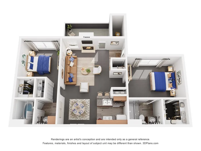 Elegant 3D floor plan showcasing 2 bedrooms, a cozy living area with a fireplace, and a modern kitchen with a dining space.