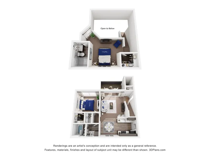 Chic bi-level floor plan showcasing two bedrooms, a spacious living room, and a modern kitchen with open views to below.