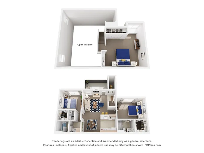 Charming two-story floor plan with two bedrooms, an open living area, and rooftop balcony for a chic urban lifestyle.