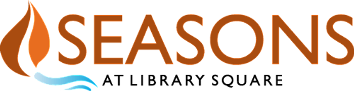 Seasons at Library Square logo with elegant flame design, conveying warmth and community.