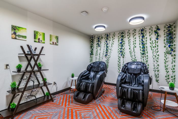 Luxurious relaxation room with two sleek massage chairs, vibrant wall decor, and a modern shelving unit adorned with small plants.