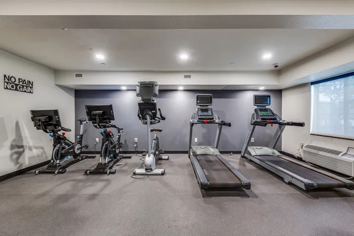 Room with treadmills, stationary bikes, an elliptical machine, and a &ldquo;No Pain No Gain&rdquo; wall sign.