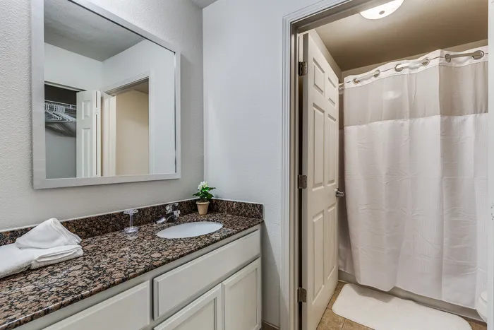 A well-lit bathroom featuring a granite countertop vanity with white cabinets, a large mirror, and a separate shower space with a white curtain.