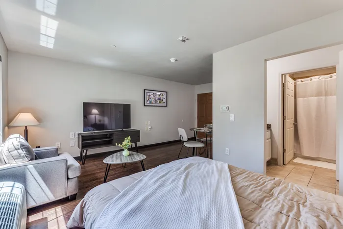 A combined living and sleeping space with a TV area, dining nook, and access to the bathroom.