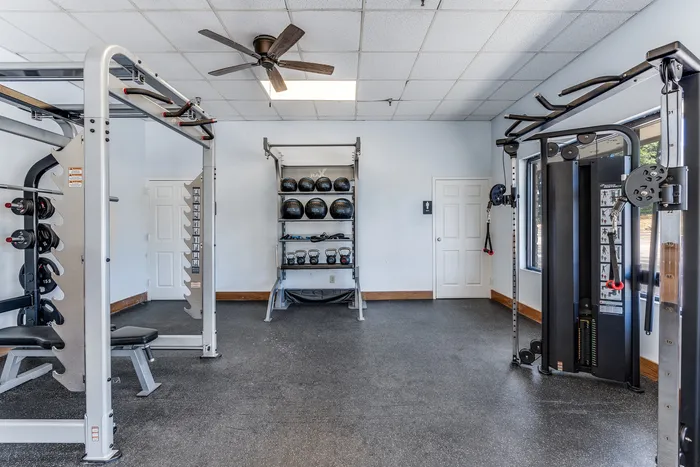 Modern fitness center equipped with state-of-the-art weight machines, kettlebells, and medicine balls, providing a versatile workout space.