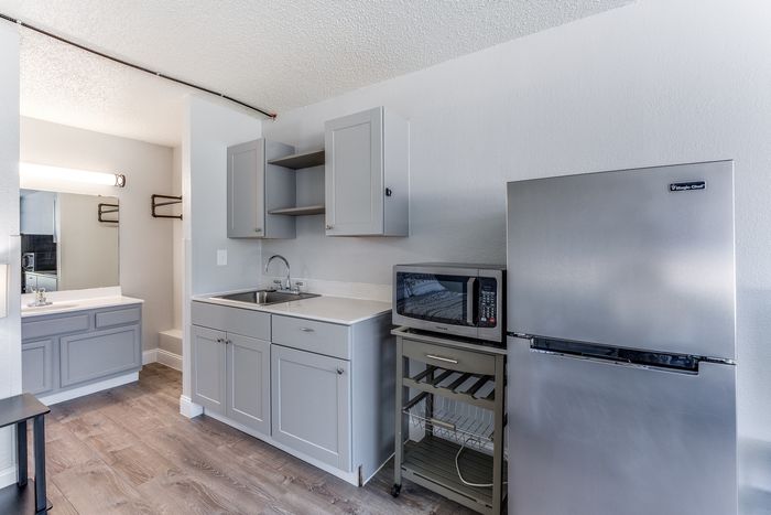 Modern studio kitchen with sleek silver appliances, stylish gray cabinets, and elegant wood flooring.