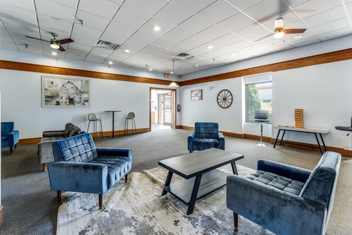 Inviting lounge area with plush blue seating, modern decor, and abundant natural light.