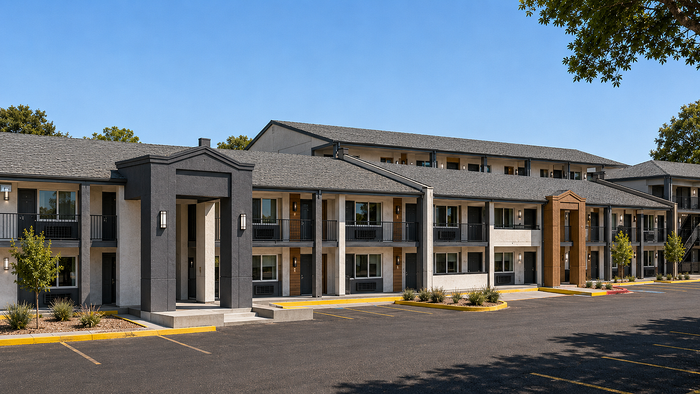 Modern apartment complex with stylish double-story design, spacious balconies, and ample parking surrounded by lush greenery.