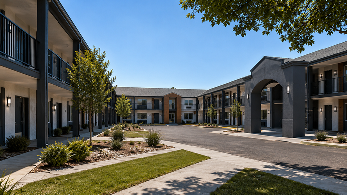 Charming apartment complex with modern two-story design, surrounded by well-maintained landscaping and vibrant greenery under a clear blue sky.