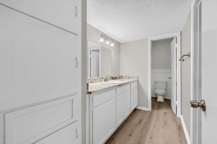 Elegant bathroom featuring a granite countertop, sleek white cabinetry, and modern lighting.
