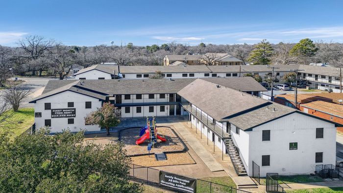 Aerial view of the courtyard and playground at The Crawford at Denison