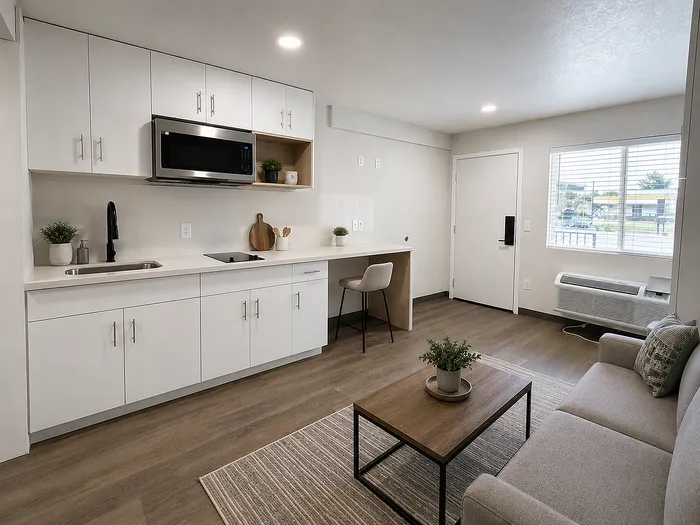 Bright modern apartment living area with sleek kitchen, cozy seating, and ample natural light.