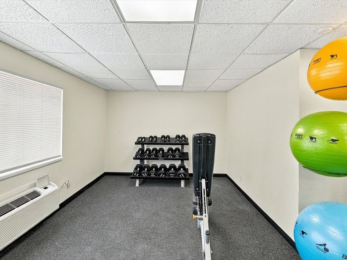 Fitness room with dumbbell rack, weight bench and stability balls at Juniper Flats apartments