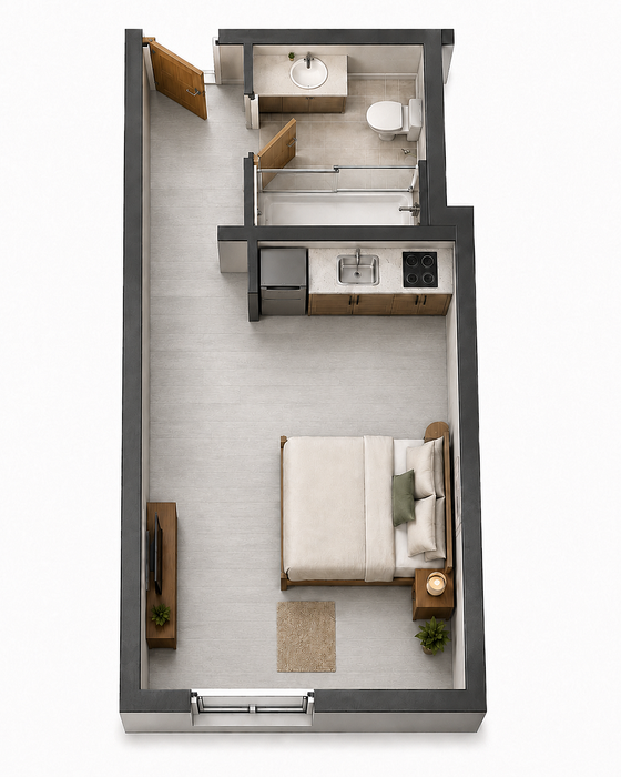 Cozy studio floor plan showcasing a modern kitchen, comfortable sleeping area, and a chic bathroom.