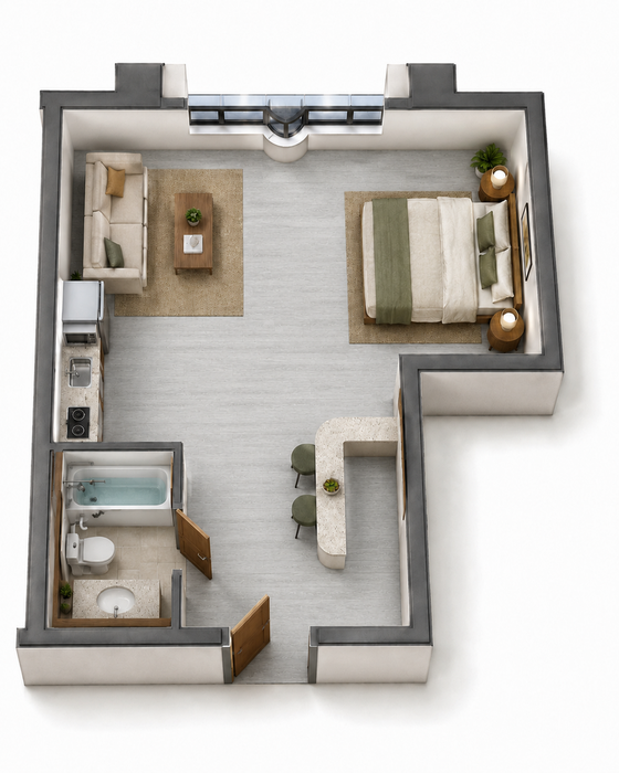 Chic studio apartment floor plan featuring an inviting open-concept living area, cozy bedroom space, modern kitchenette with bar seating, and a stylish bathroom.