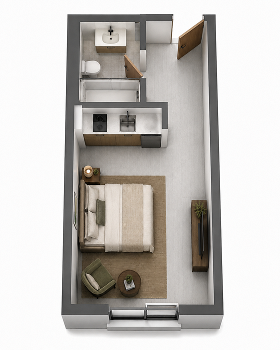 Modern studio layout showcasing a cozy bedroom, compact kitchen, and sleek bathroom for urban living.