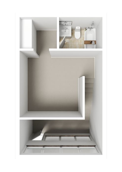 Chic apartment floor plan with an open room and a modern bathroom, featuring ample light from large windows.