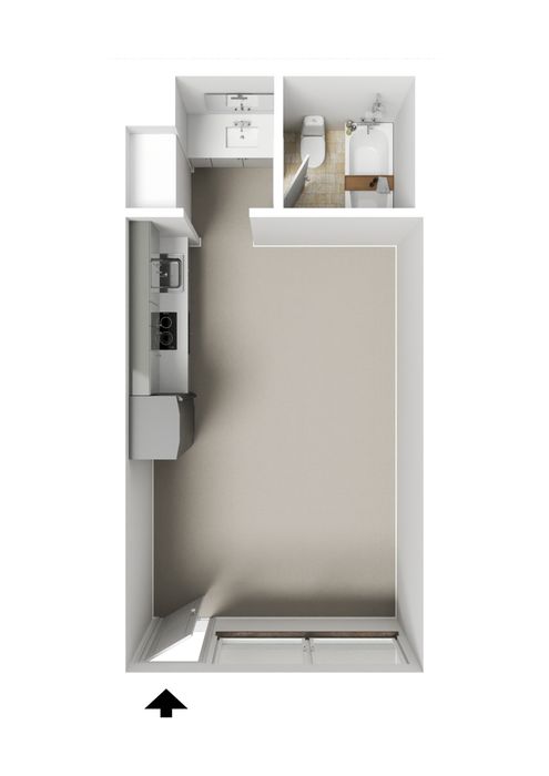 Modern studio apartment 3D floor plan featuring a compact kitchen, spacious living area, and full bathroom layout with sleek finishes.