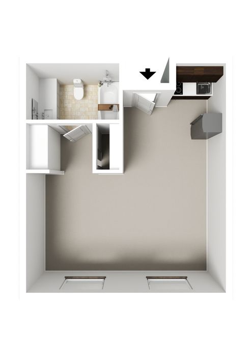 Modern studio apartment floor plan showcasing a spacious open area with integrated kitchen and a stylish bathroom.