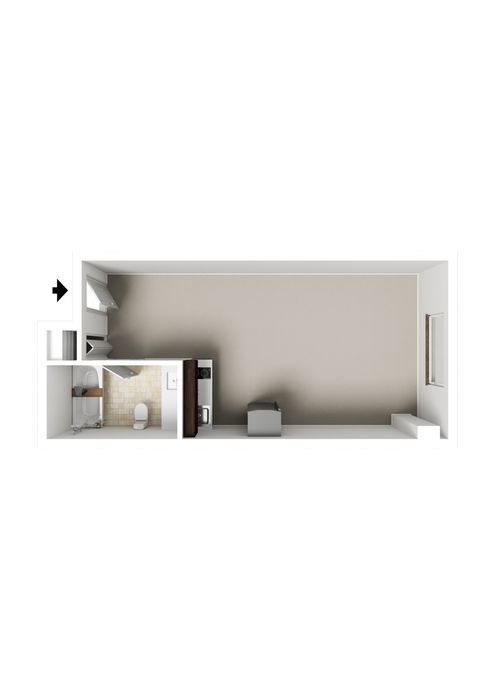 Modern studio apartment layout with a cozy living area, compact kitchen, and stylish bathroom design.