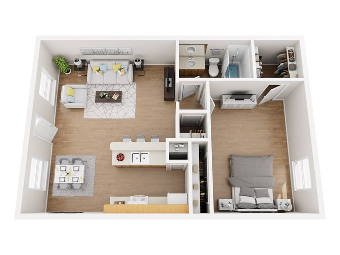 Modern open-concept 3D floor plan with one bedroom, spacious living area, sleek kitchen, and elegant bathroom. Perfect for stylish city living.