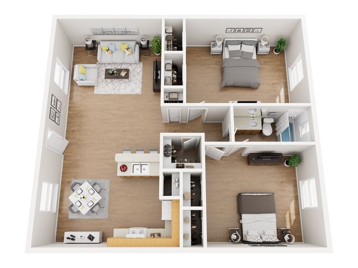 Modern 3D floor plan showcasing a spacious apartment with two bedrooms, an inviting open-plan living area, modern kitchen with island seating, dining nook, and well-appointed bathroom.