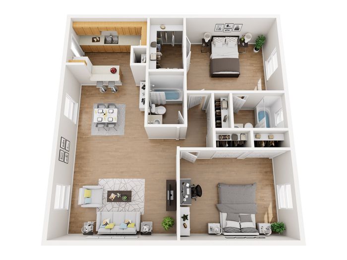 Modern 3D floor plan showcasing 2 spacious bedrooms, a sleek open-concept kitchen, and an inviting living area with elegant decor, perfect for contemporary living.