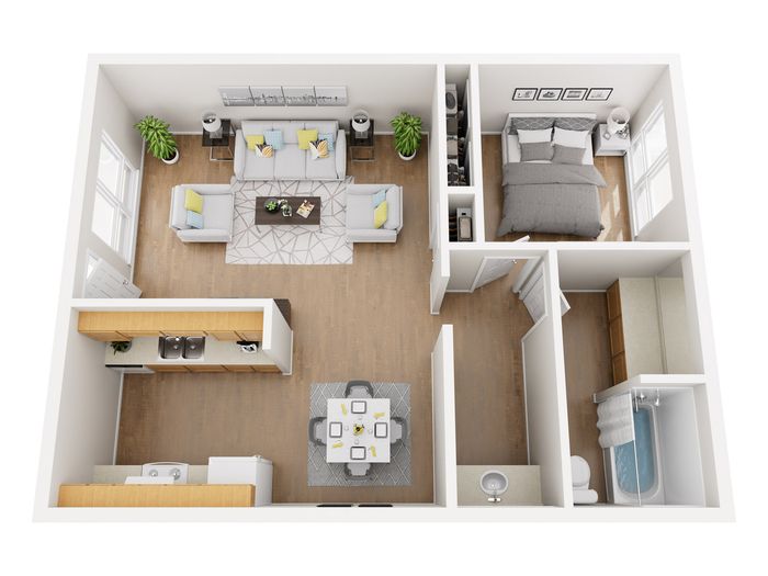 Bright and airy 3D floor plan featuring a cozy 1-bedroom layout with open-concept living room, modern kitchen, and a sleek bathroom.