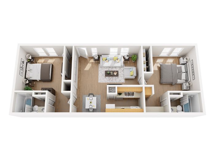 Modern 3D floor plan showcasing a bright, open-concept living space with two bedrooms, a cozy living room, a well-equipped kitchen, and two bathrooms.