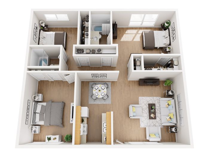 Modern 3D floor plan showcasing a stylish apartment with two bedrooms, a cozy living room, and a contemporary kitchen. The open layout is accented by natural light, enhancing spacious comfort.