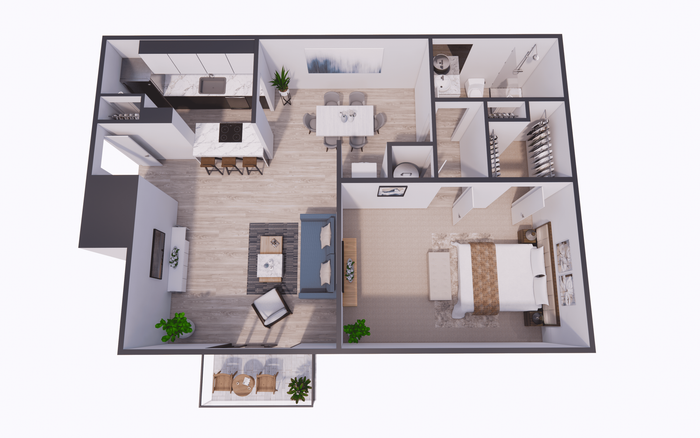 Modern 3D floor plan showcasing an open-concept one-bedroom apartment with a stylish kitchen, cozy living area, elegant dining space, and a spacious bedroom with en-suite bathroom. Includes a welcoming balcony for relaxation.