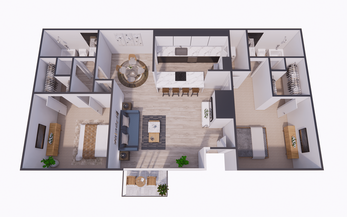 Elegant 3D floor plan featuring two bedrooms, a modern kitchen with a breakfast bar, open-concept living and dining area, and a private balcony.