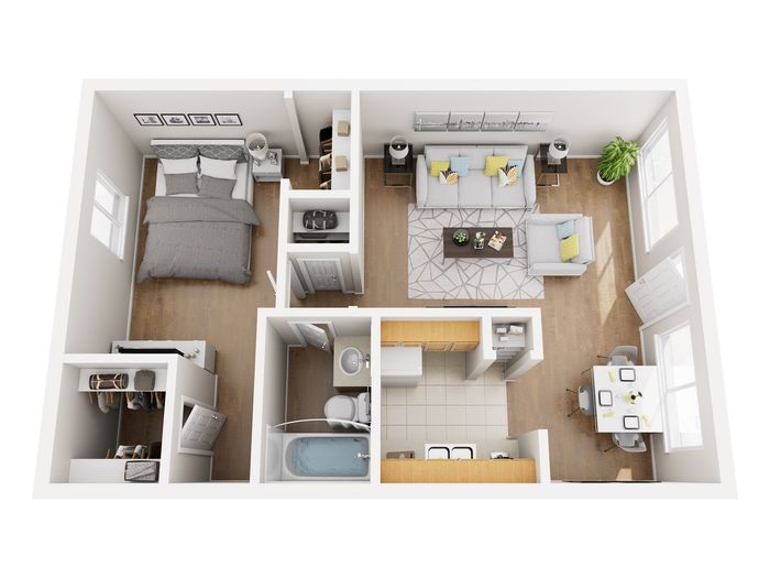 Modern 3D floor plan featuring one bedroom, a cozy living area, and a contemporary kitchen, designed for comfortable urban living.