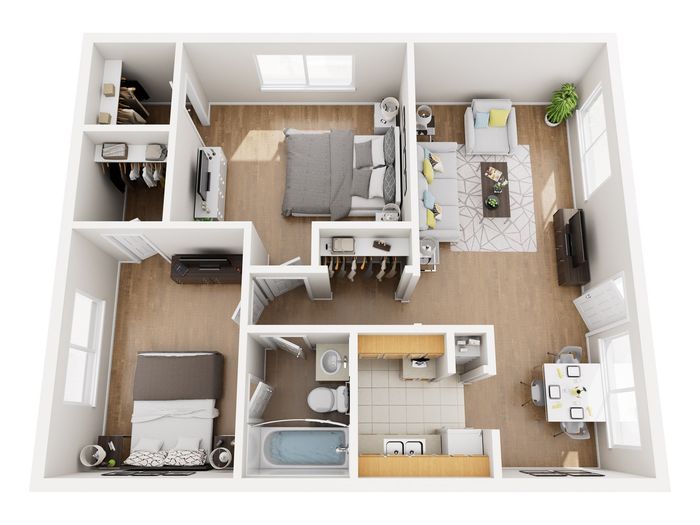 Contemporary apartment floor plan showcasing 2 cozy bedrooms, a stylish open-concept living and dining area, and a modern kitchen with ample storage.