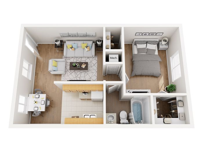 Chic 1-bedroom apartment floor plan showcasing a cozy living area, modern kitchen, and well-appointed bathroom with elegant wood flooring.