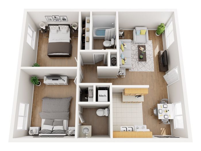 Inviting 3D floor plan featuring 2 cozy bedrooms, spacious living room, modern kitchen with dining area, stylish bathroom, and abundant natural light.