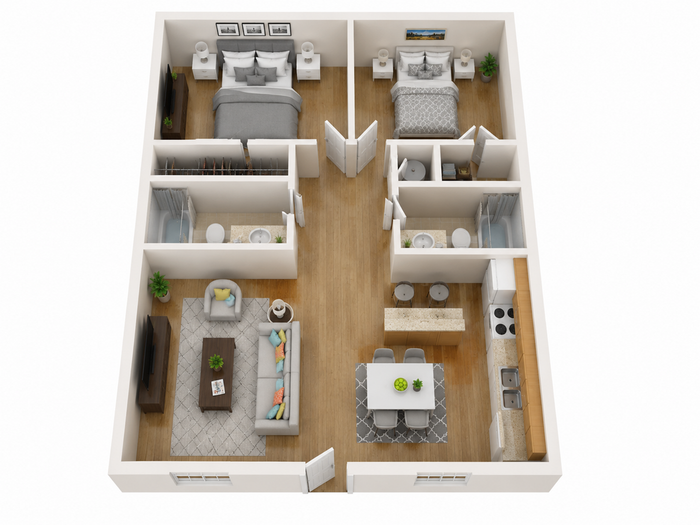 Modern 3D floor plan showcasing two spacious bedrooms, a cozy living area, and a functional open kitchen.