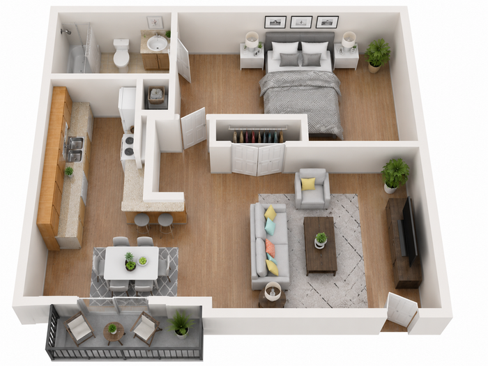 Modern 3D floor plan featuring an open-concept living area, stylish kitchen, cozy bedroom, and inviting balcony.