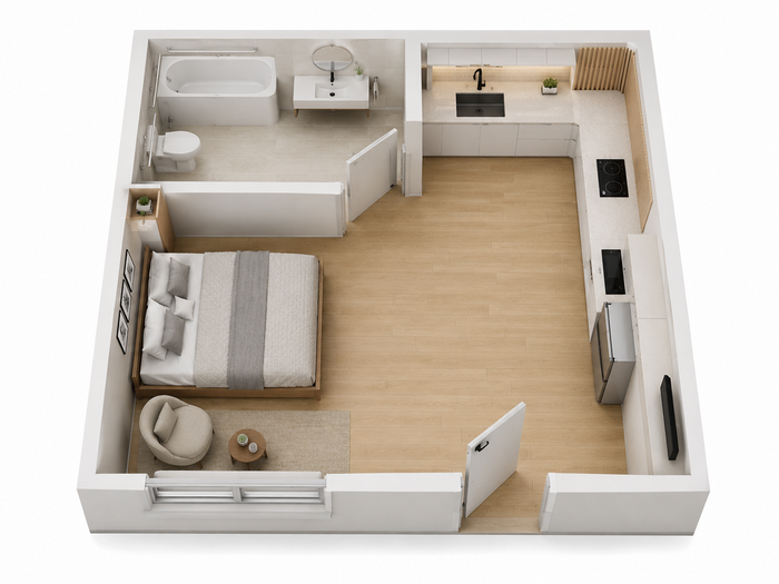 Modern 3D floor plan featuring an elegant studio layout with an open-concept kitchen, cozy bedroom, and contemporary bathroom.