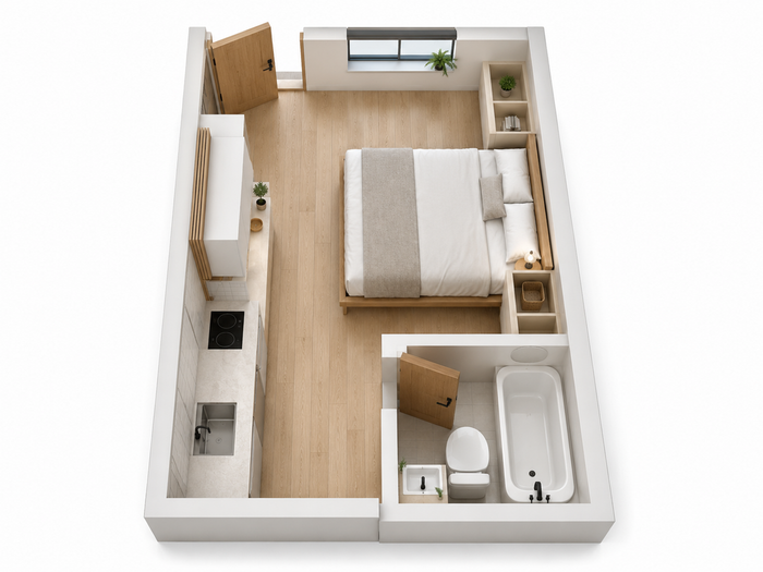Modern apartment floor plan featuring a cozy bedroom, sleek kitchenette, and compact bathroom, all with stylish wood accents.