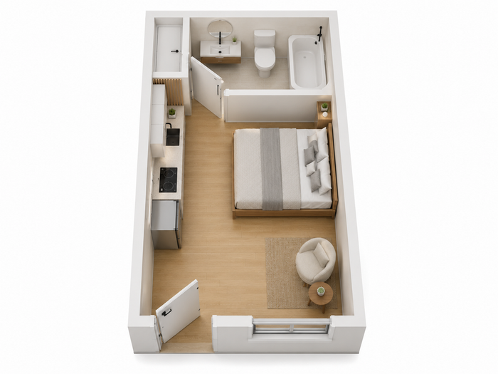 Chic studio apartment with a cozy bedroom area, compact modern kitchen, and sleek bathroom layout.