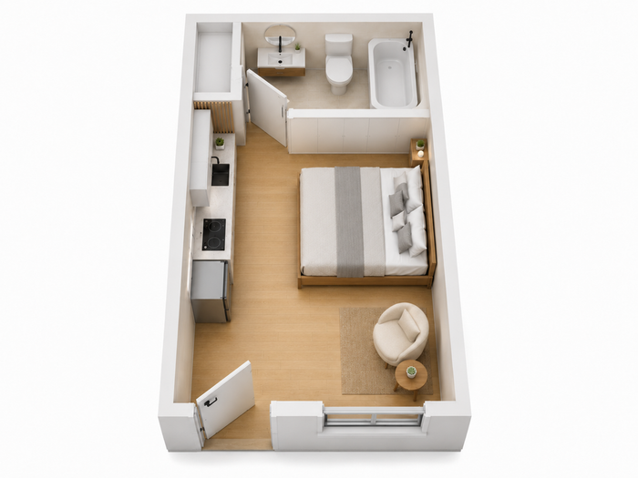 Modern studio apartment layout featuring a cozy bedroom, compact kitchen, and elegant bathroom in a sleek, minimalist design.