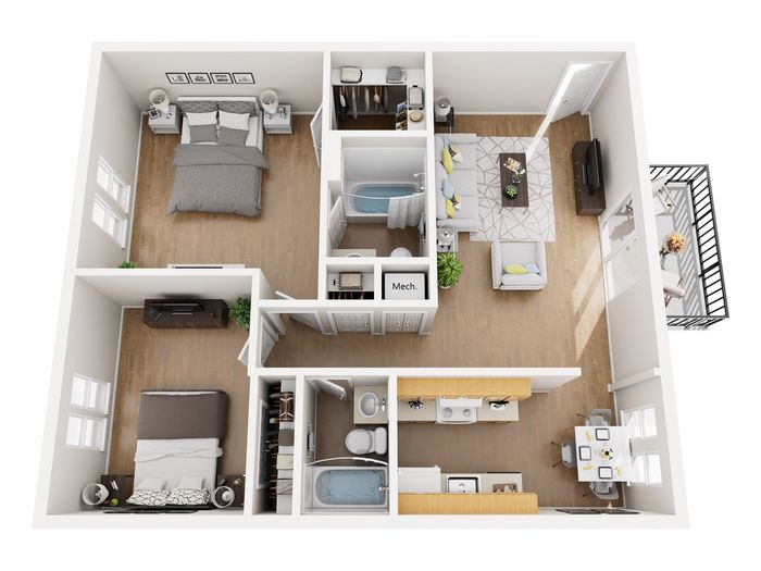 Chic 3D floor plan showcasing two cozy bedrooms, inviting living area, modern kitchen, and elegant balcony.